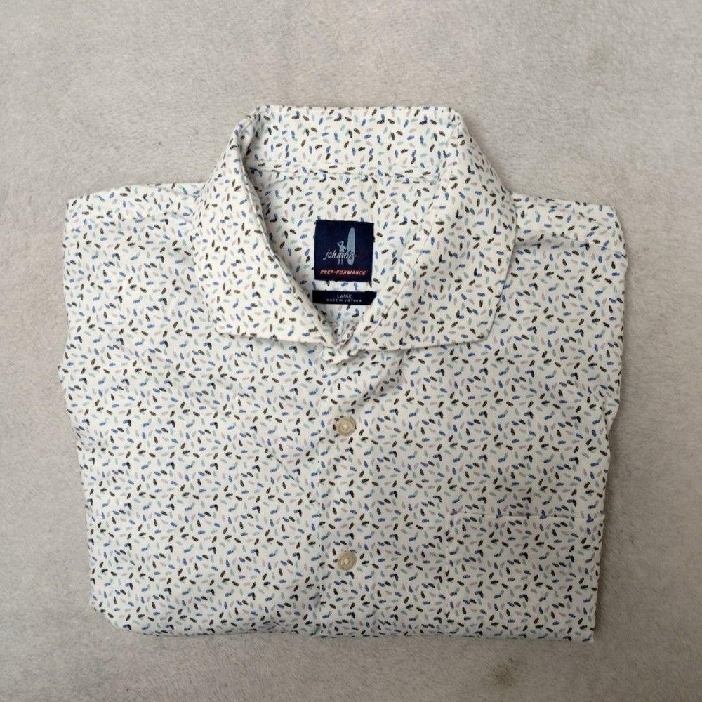 Johnnie-O Shirt Mens L White Graphic Button-Up Short Sleeve Summer Casual